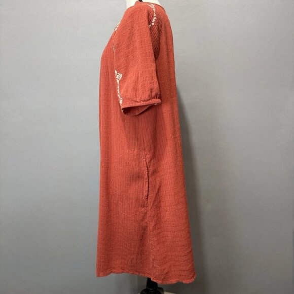 J Jill Coral Orange Midi Dress Sz M Embroidered Textured Boho Southwest A-Line - Picture 2 of 7